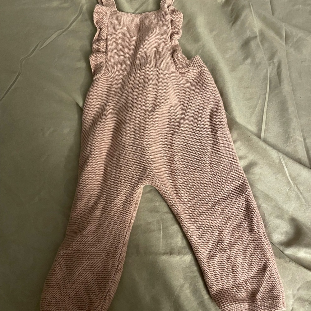 Zara Dusty Pink Knit Ruffle-Strap Overalls